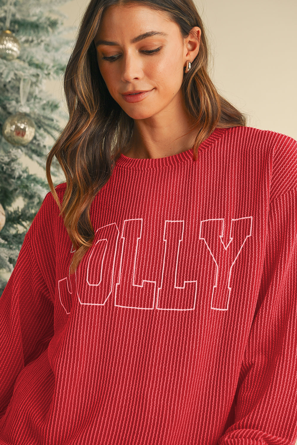 Fiery Red Crinkle Rib Jolly Pattern Long Sleeve Top and Pockets Pants Set