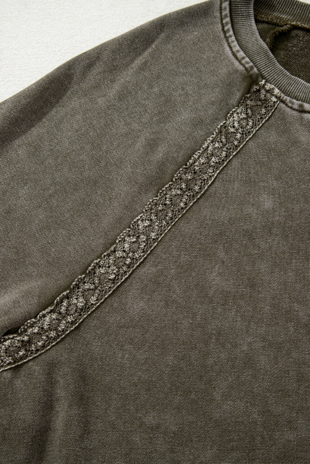 Lace Patchwork Detail Notched Neck Mineral Wash Baggy Sweatshirt