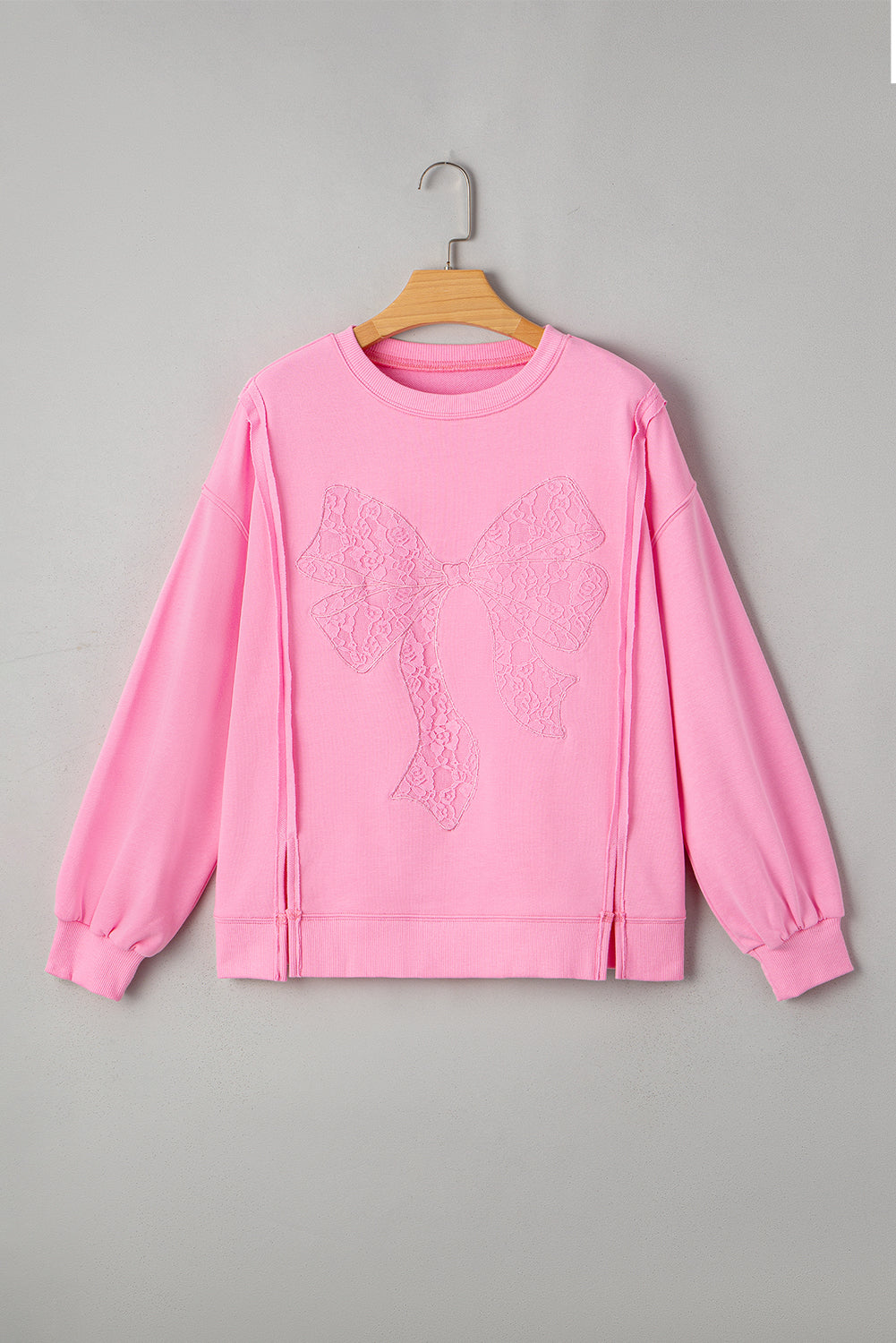 Pink Lace Bow Embroidered Split-Hem Sweatshirt
