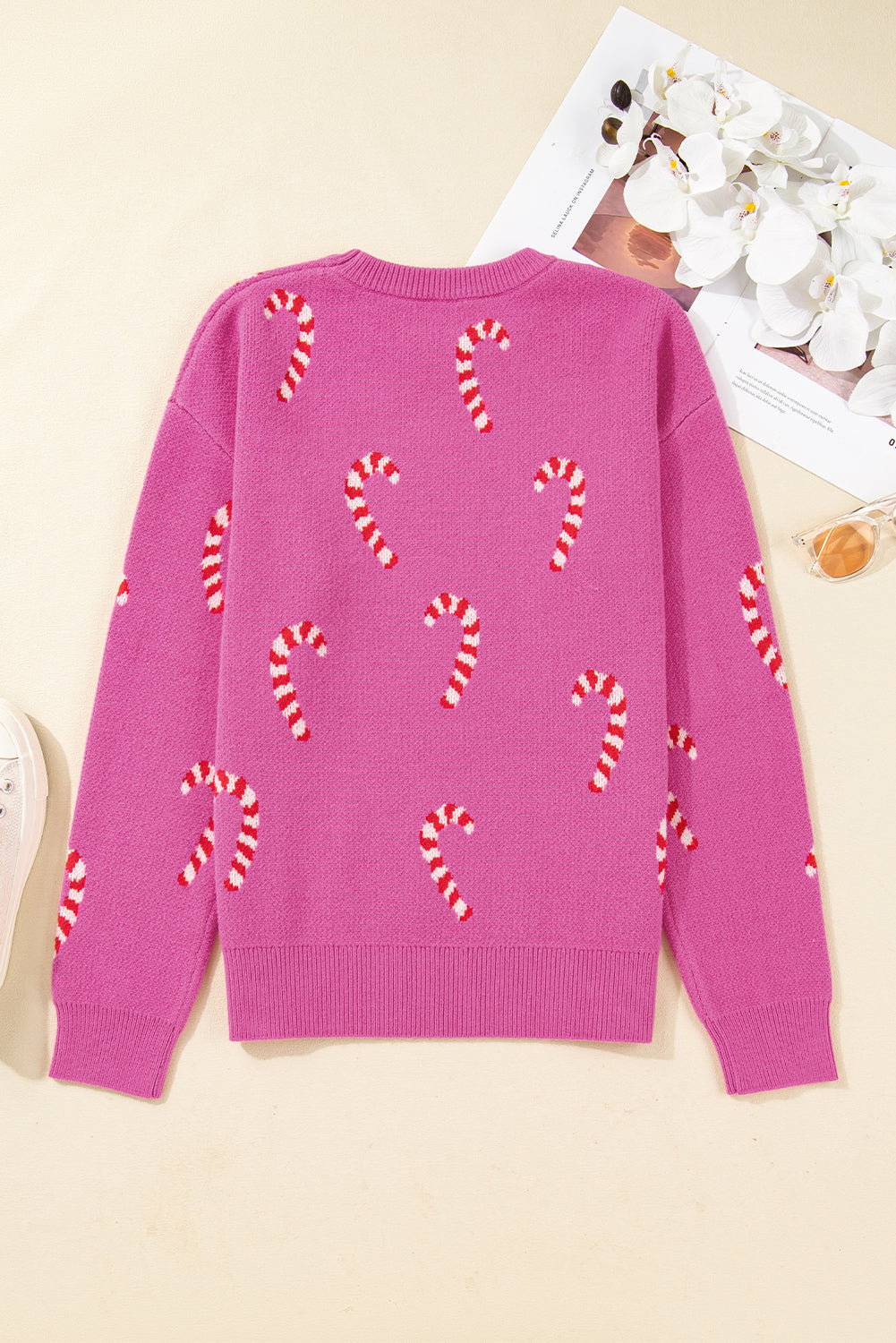 Pink Christmas Candy Cane Holiday Drop Shoulder Sweater