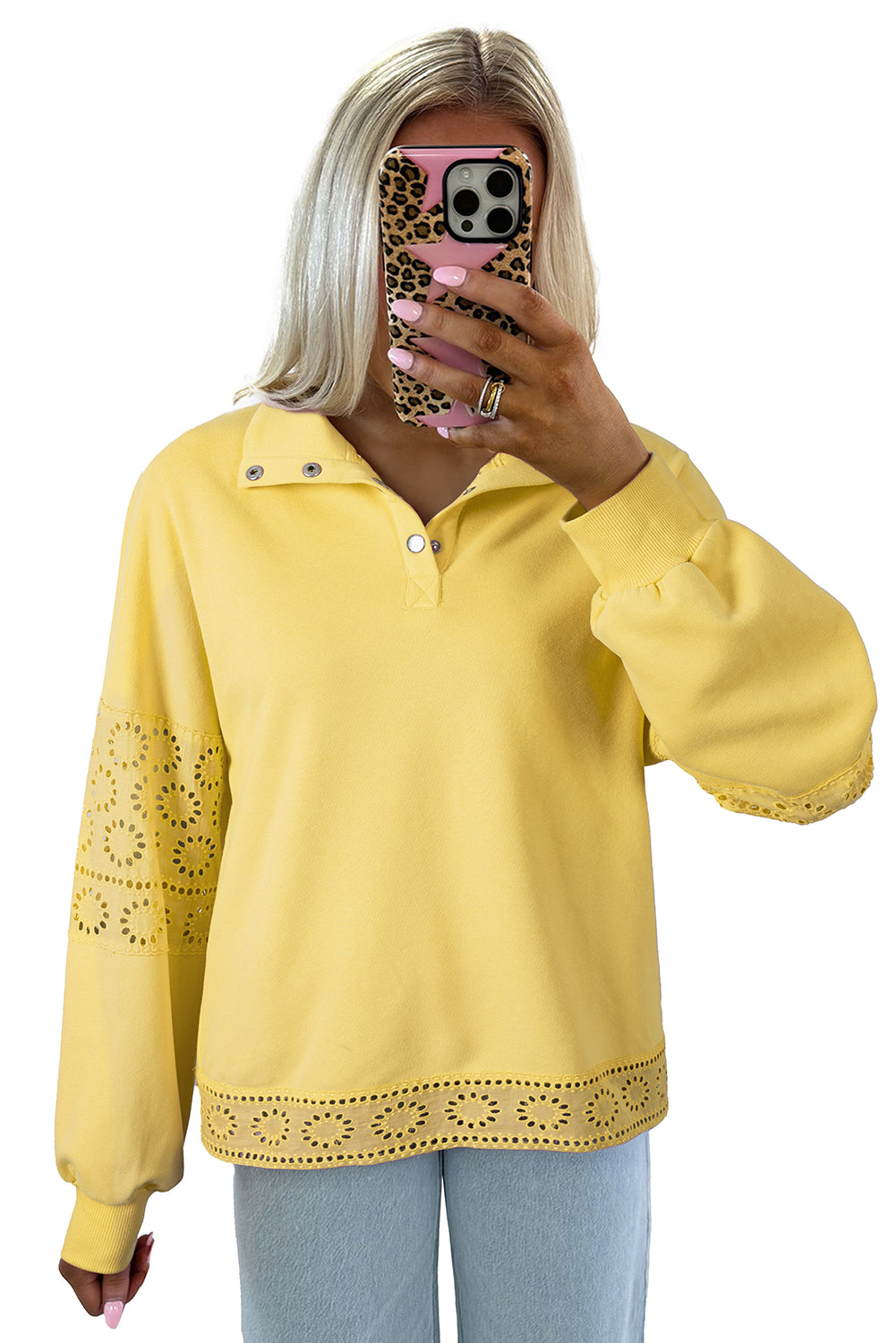Floral Embroidered Patchwork Pullover with Snap Button Neckline