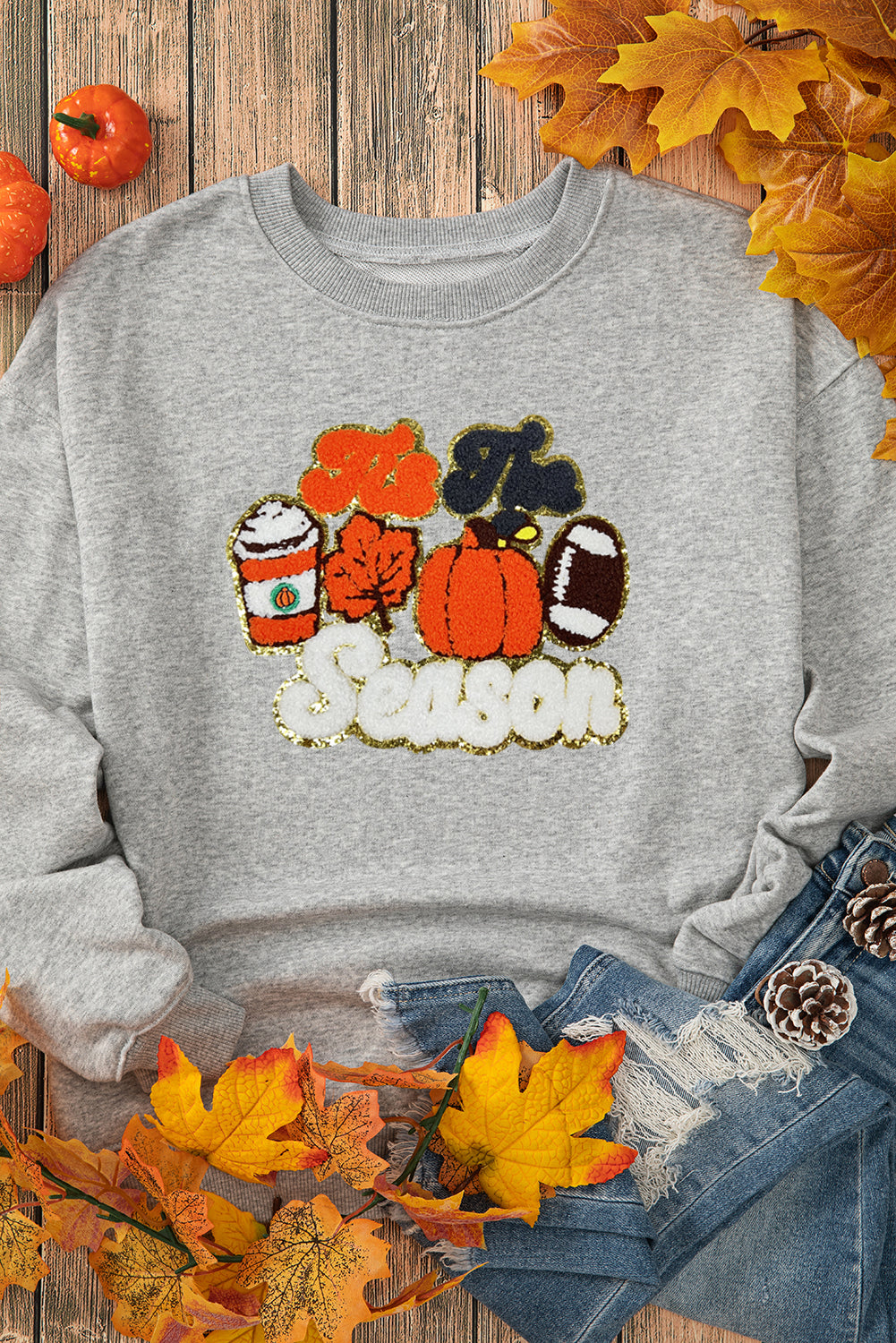 Gray Tis The Fall Season Pumpkin Football Graphic Sweatshirt
