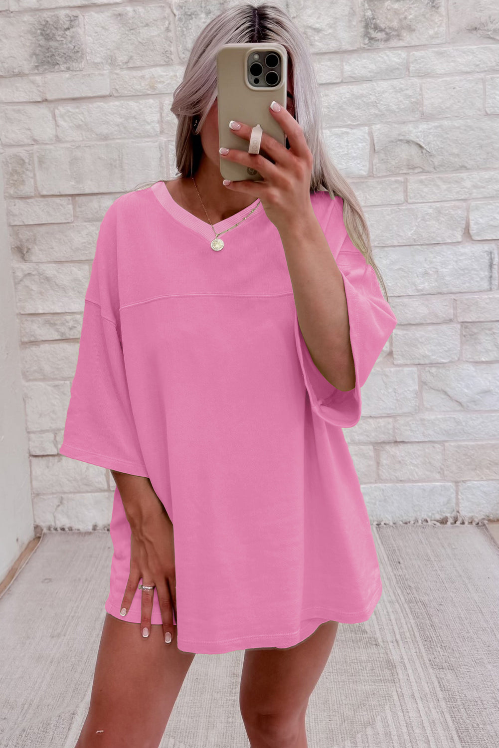 Pink Solid Loose V Neck Half Sleeve Tee and Shorts