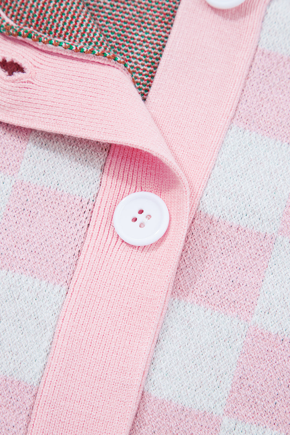 Pink Checkered Christmas Tree Pattern Button V-Neck Knit Cardigan