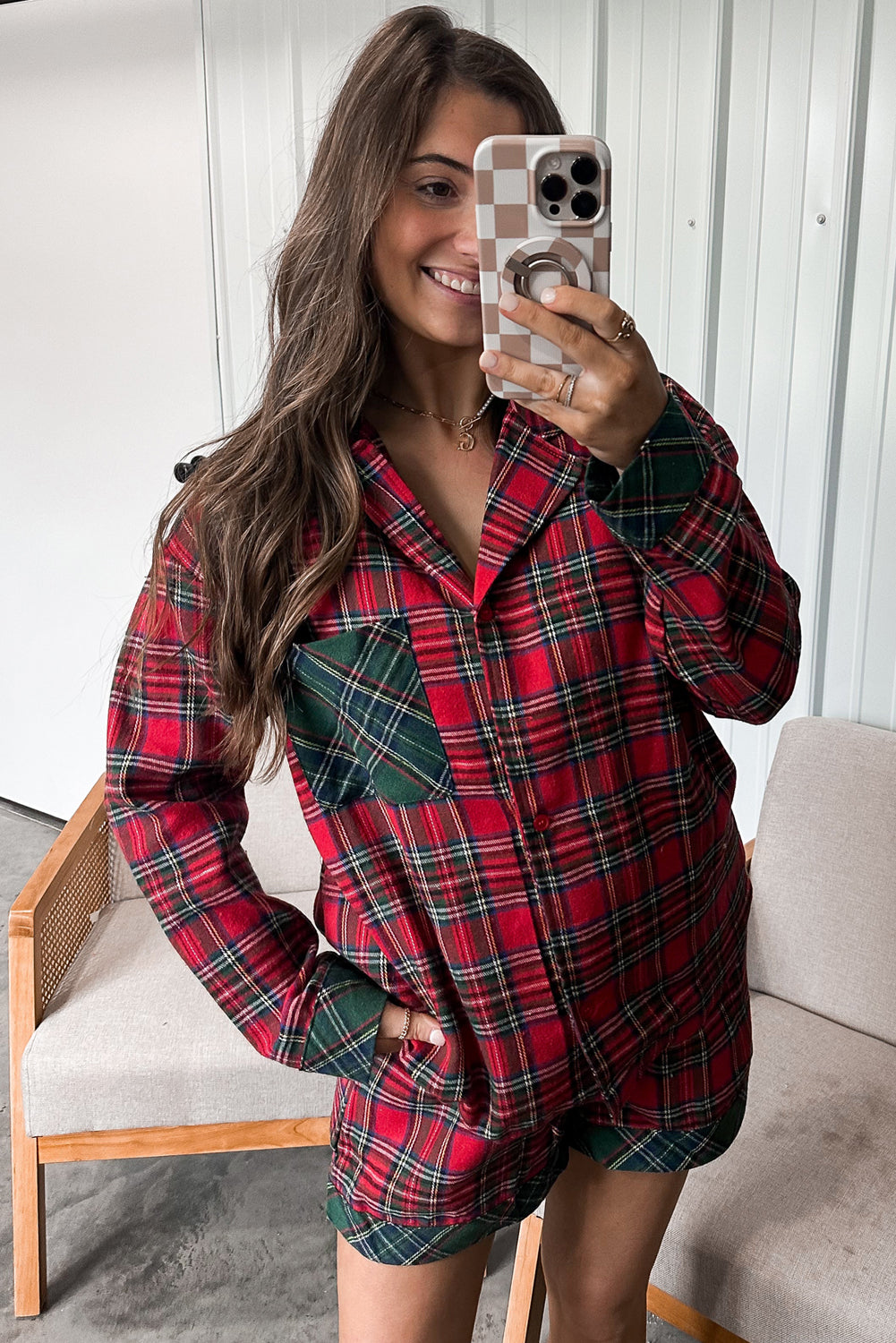 Red Plaid Christmas Holiday Long Sleeve Shirt and Shorts Pajama Set