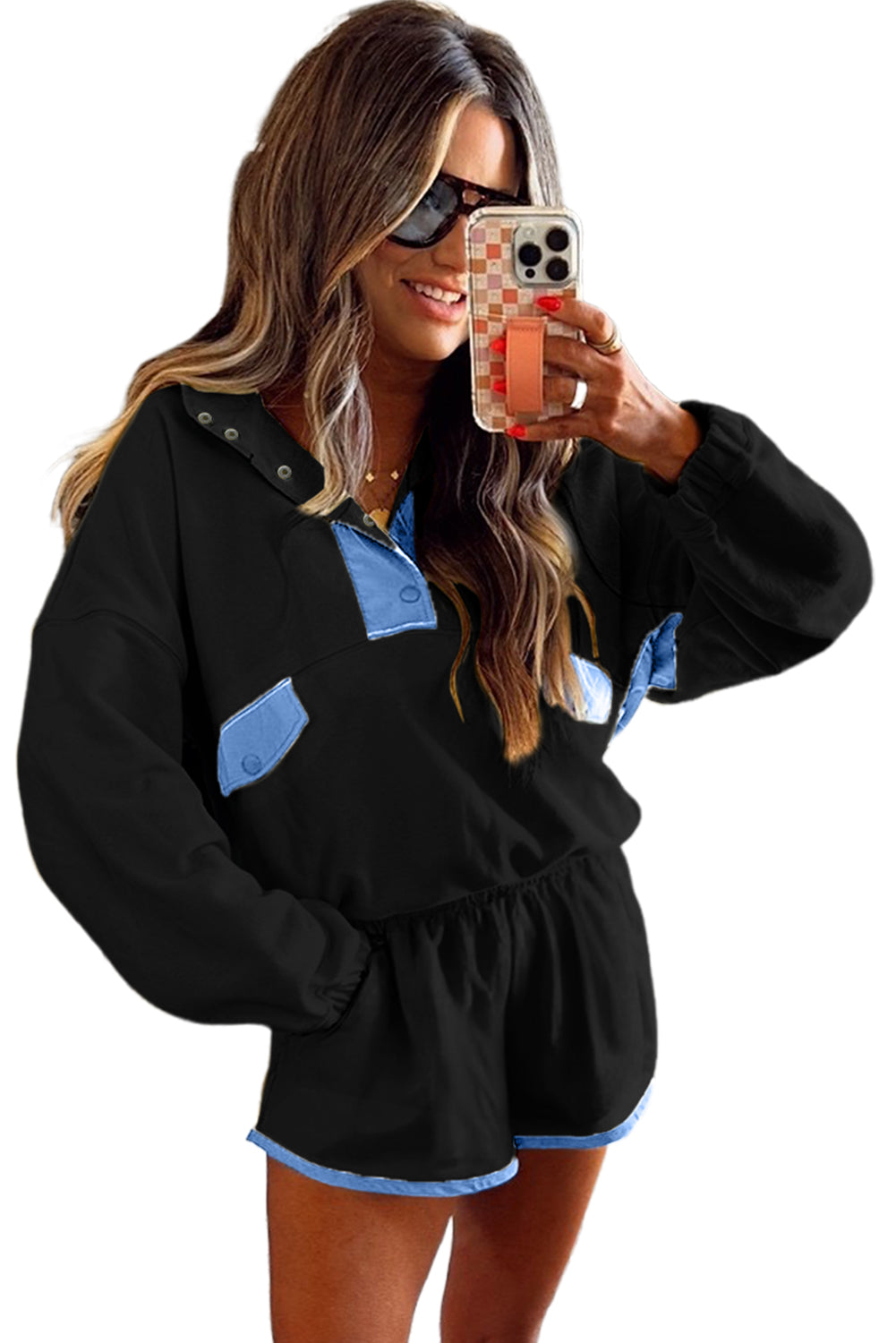 Black Colorblock Patchwork Half Button Pullover and Shorts Outfit