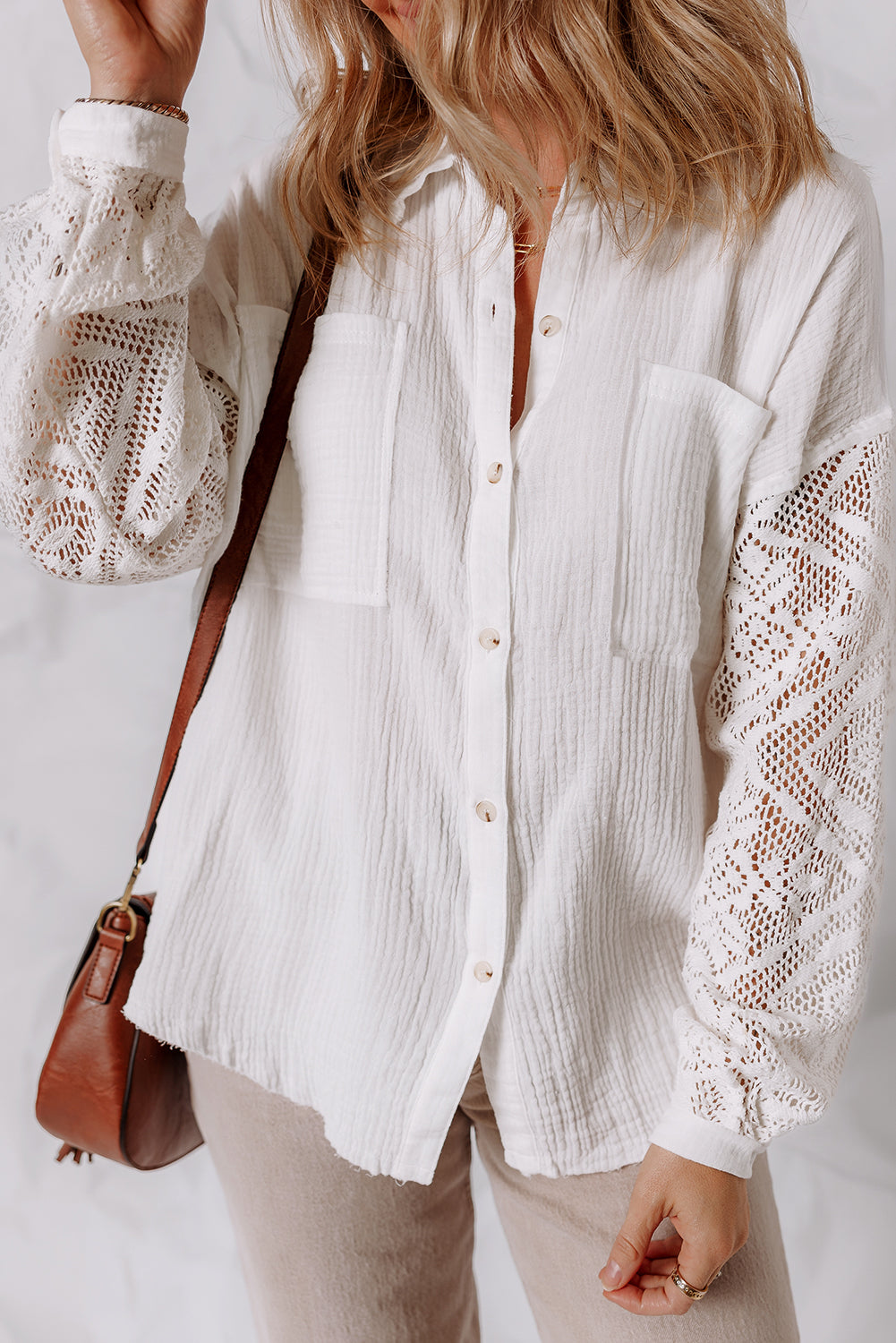 Lace Patchwork Cotton Gauze Shirt with Button Detail