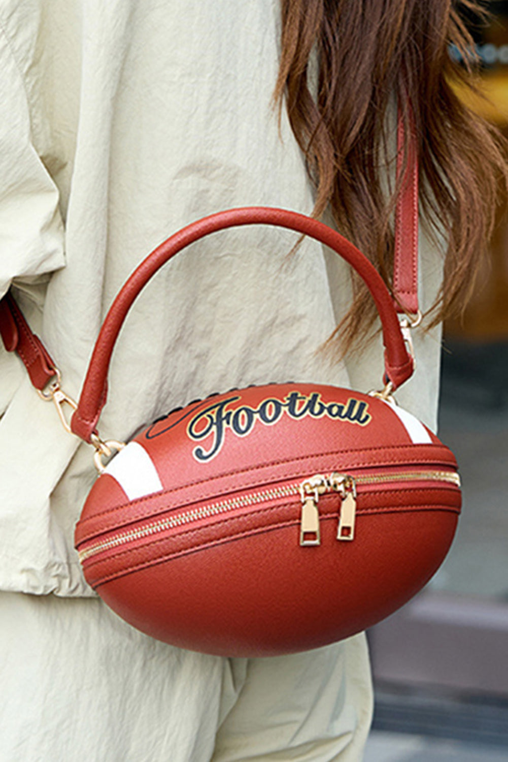 Chestnut Football-Shaped Crossbody Bag
