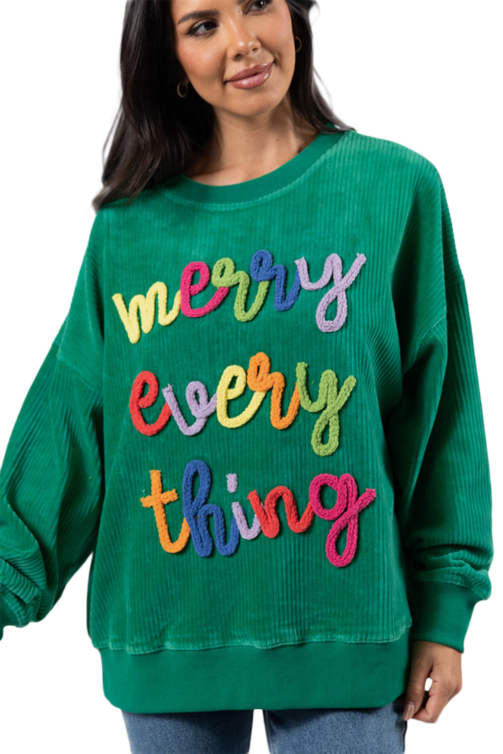 Dark Green Merry Everything Letter Graphic Ribbed Loose Sweatshirt