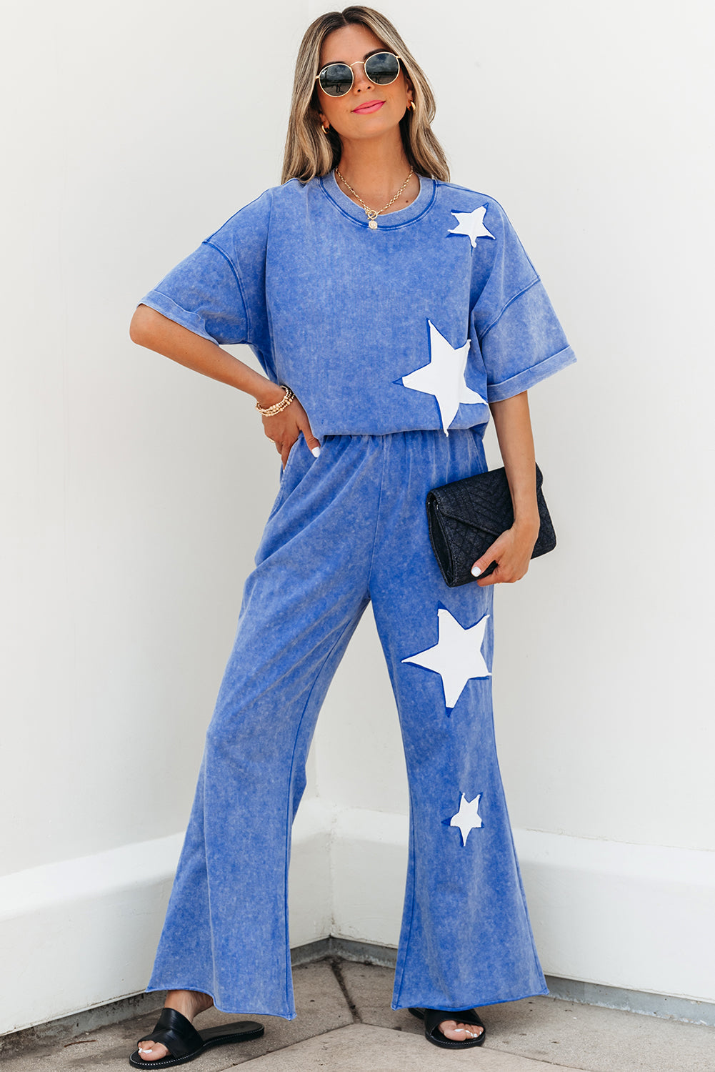 Blue Acid Wash Star Patched Rolled Trim Pants Set