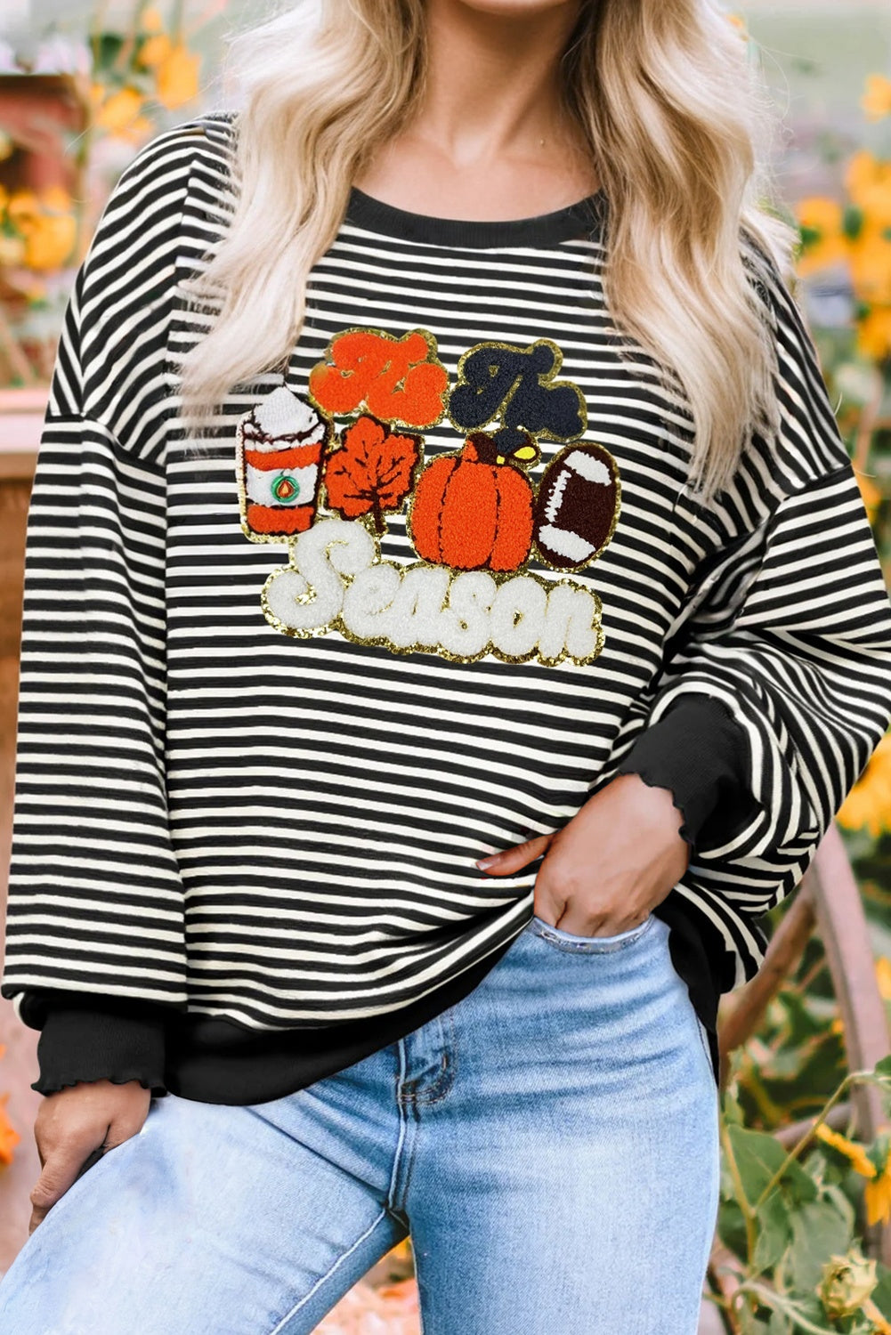 Black Stripe Tis The Season Chenille Patched Thanksgiving Top
