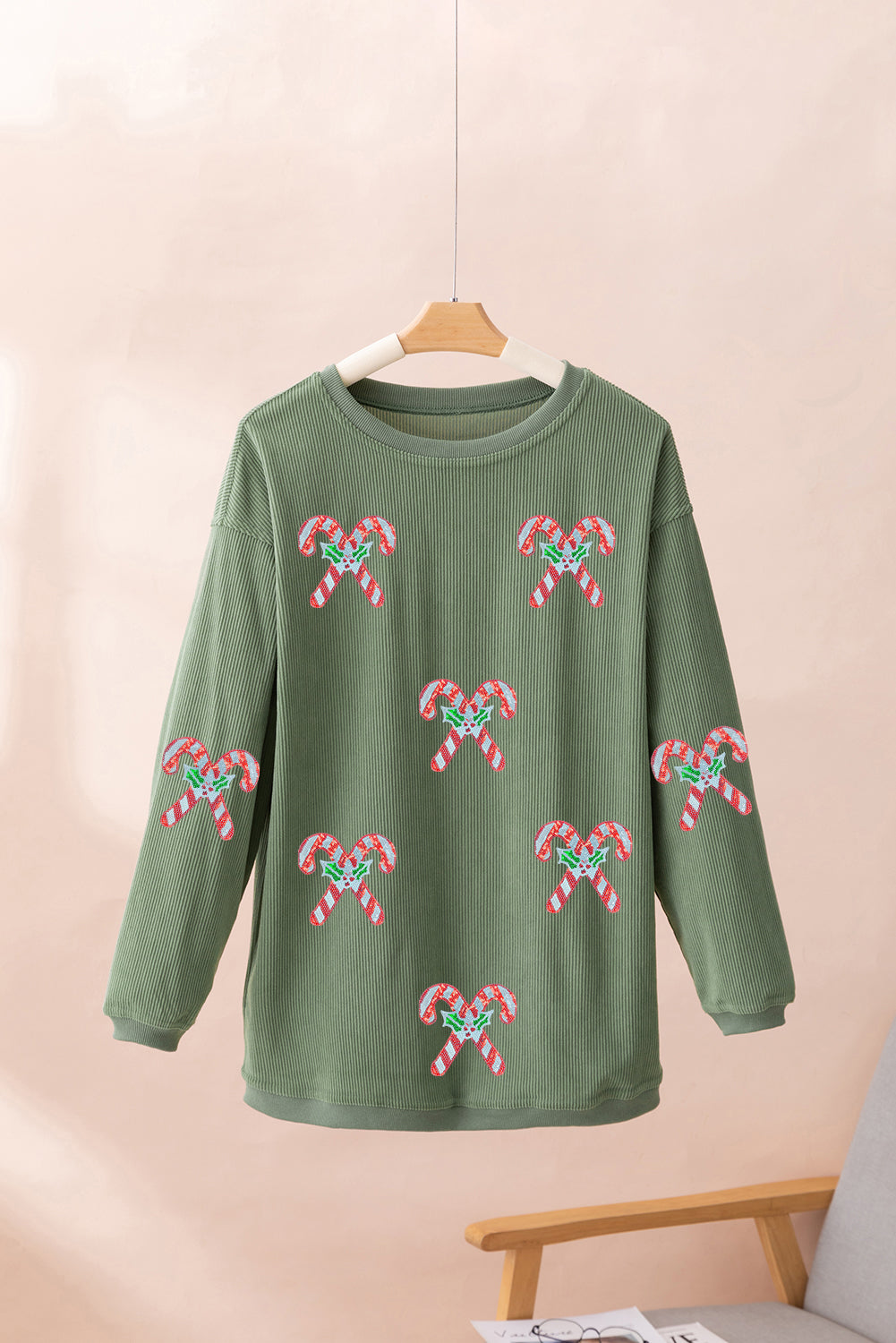 Green Candy Cane Patch Application Corded Baggy Sweatshirt