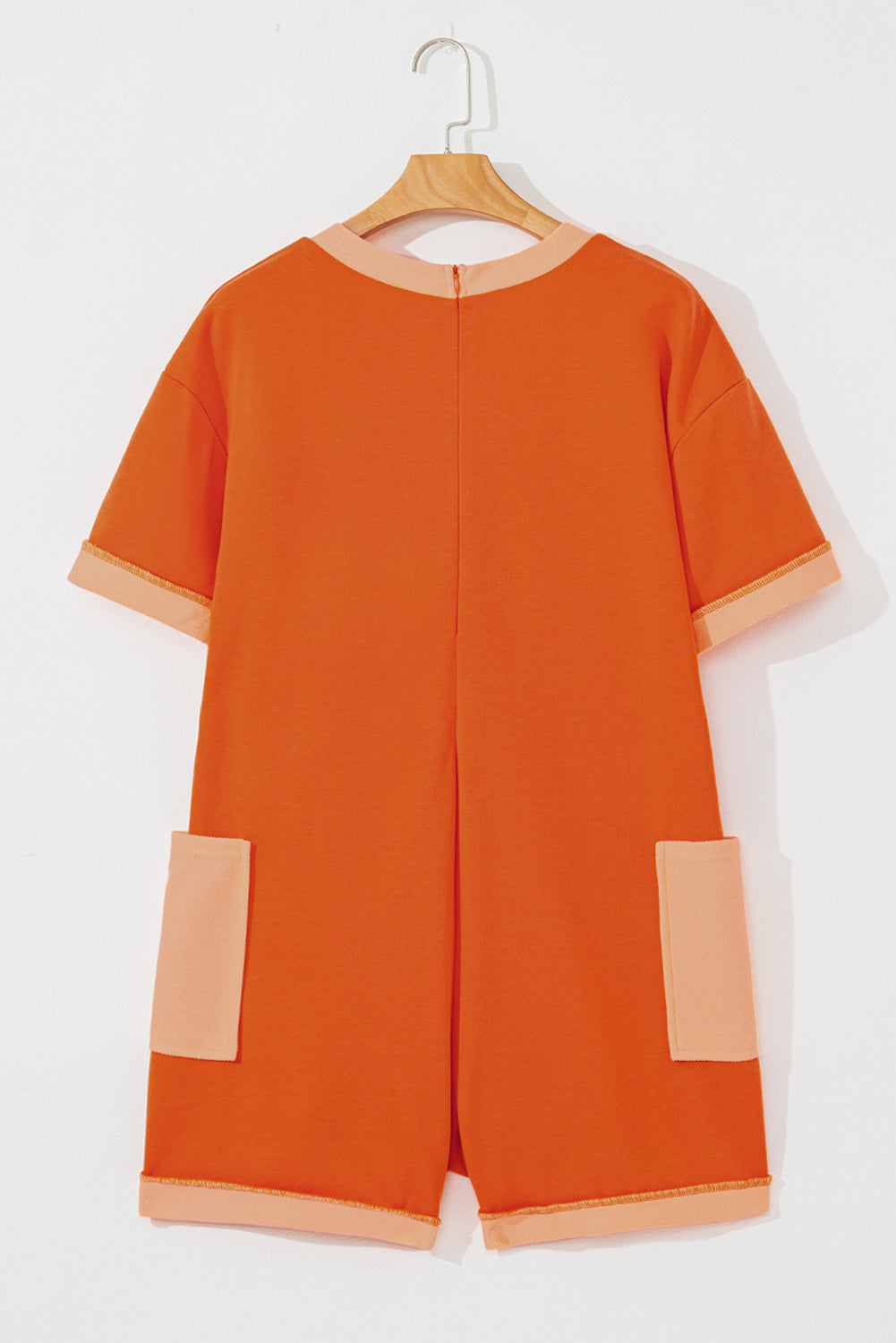 Orange Two-tone Short Sleeve V-Neck Patched Pocket Loose Romper