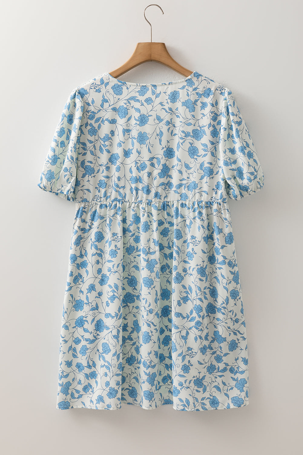 Blue Floral Puff Sleeve Mini Dress with Statement Bow