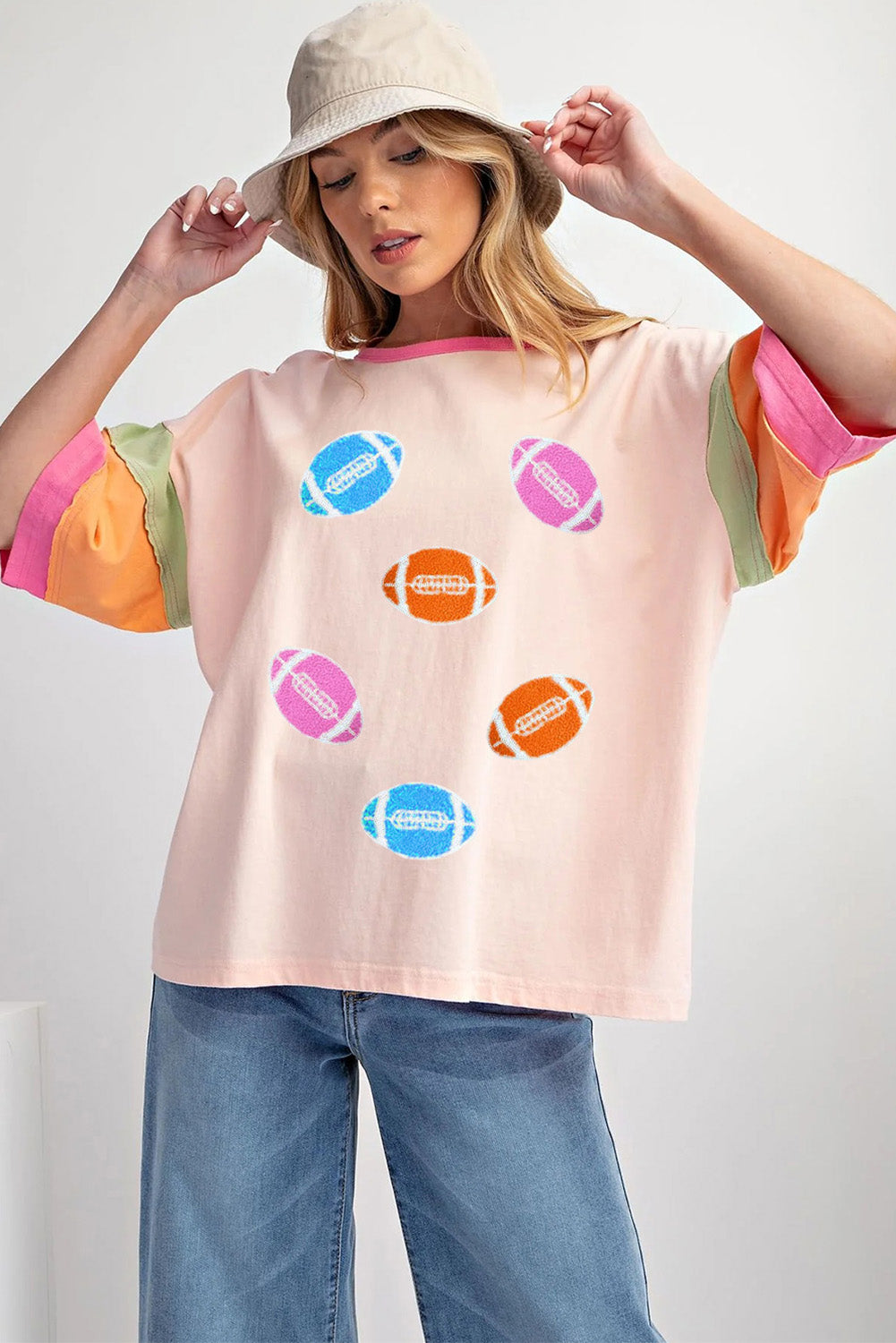 Pink Football Chenille Embroidered Color Block Half Sleeve T-Shirt