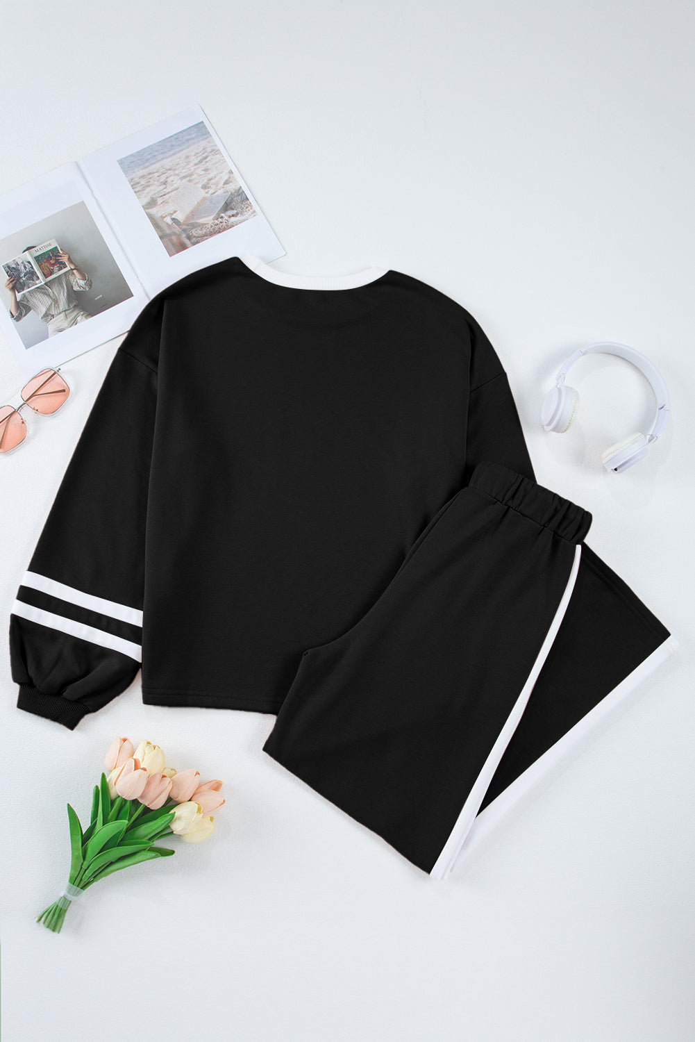 Black Contrast Trim Long Sleeve Lounge Set