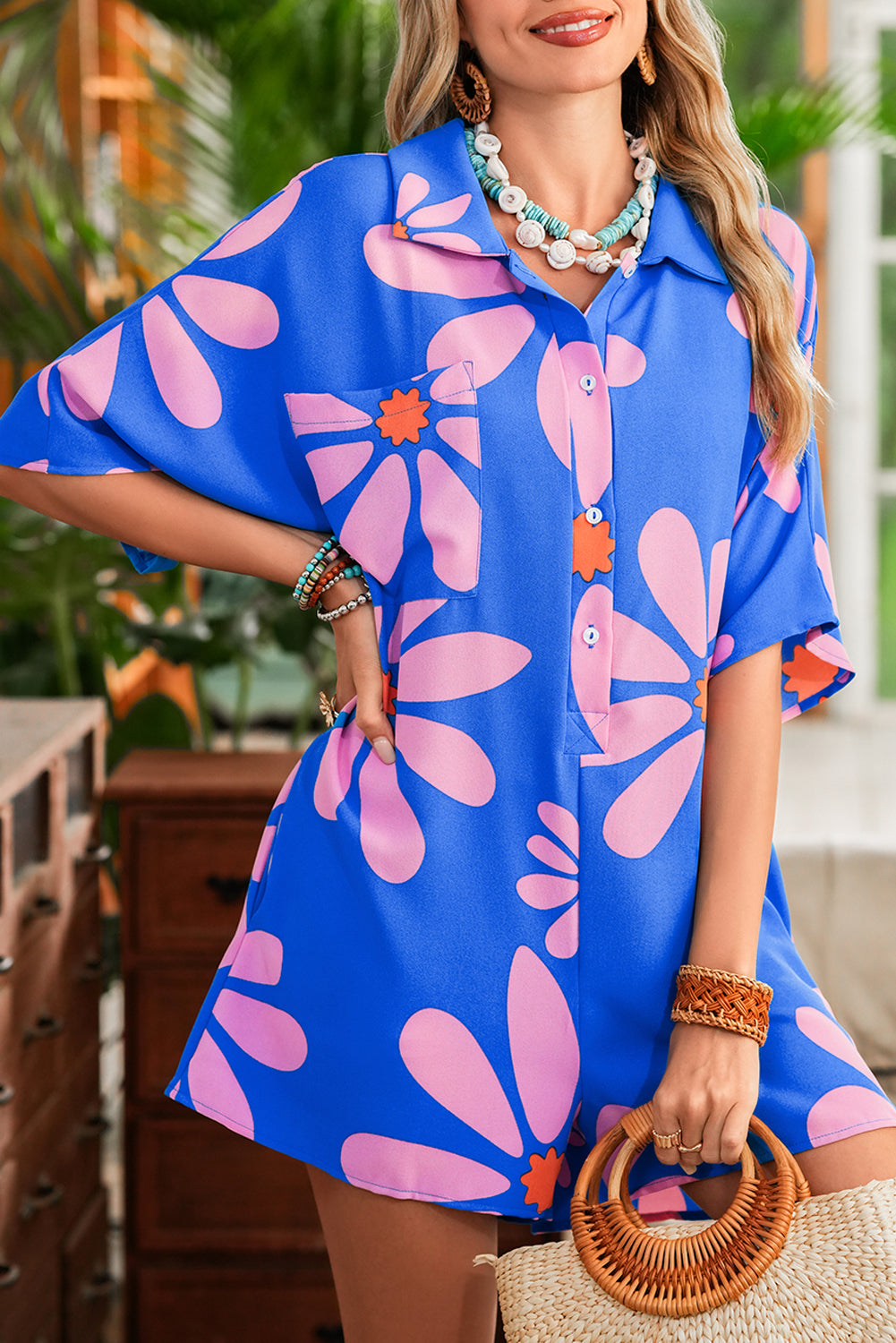 Boho Blue Floral Shirt Collar Romper