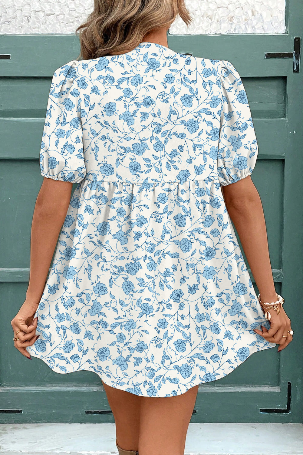 Blue Floral Puff Sleeve Mini Dress with Statement Bow
