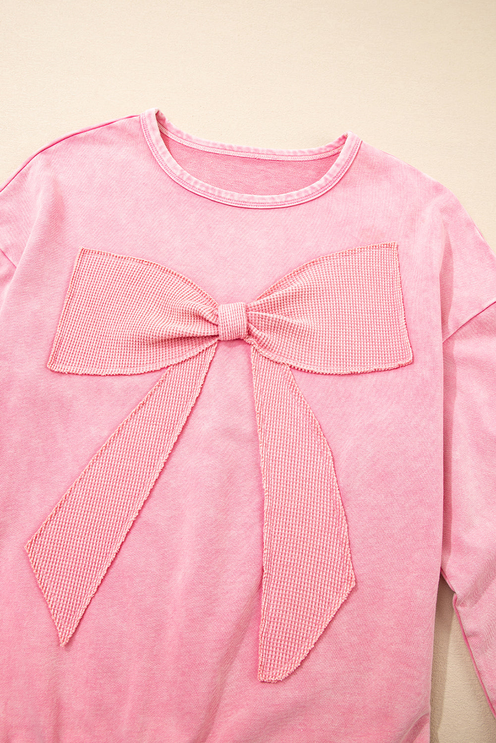 Waffle Knit Mineral Wash Pullover with Bow Detail