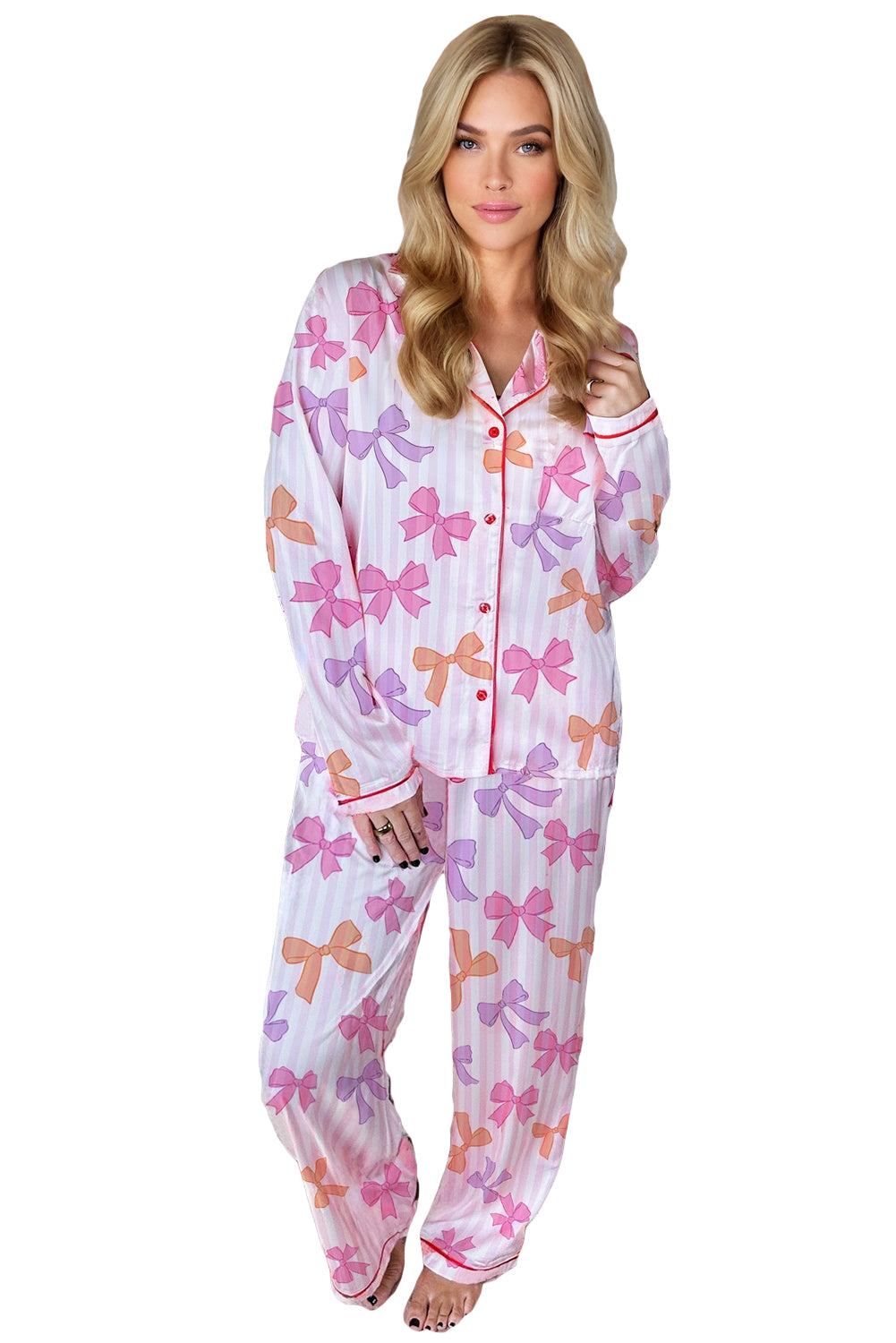 Pink Striped Bow Print Piping Trim Shirt and Pants Pajama Set