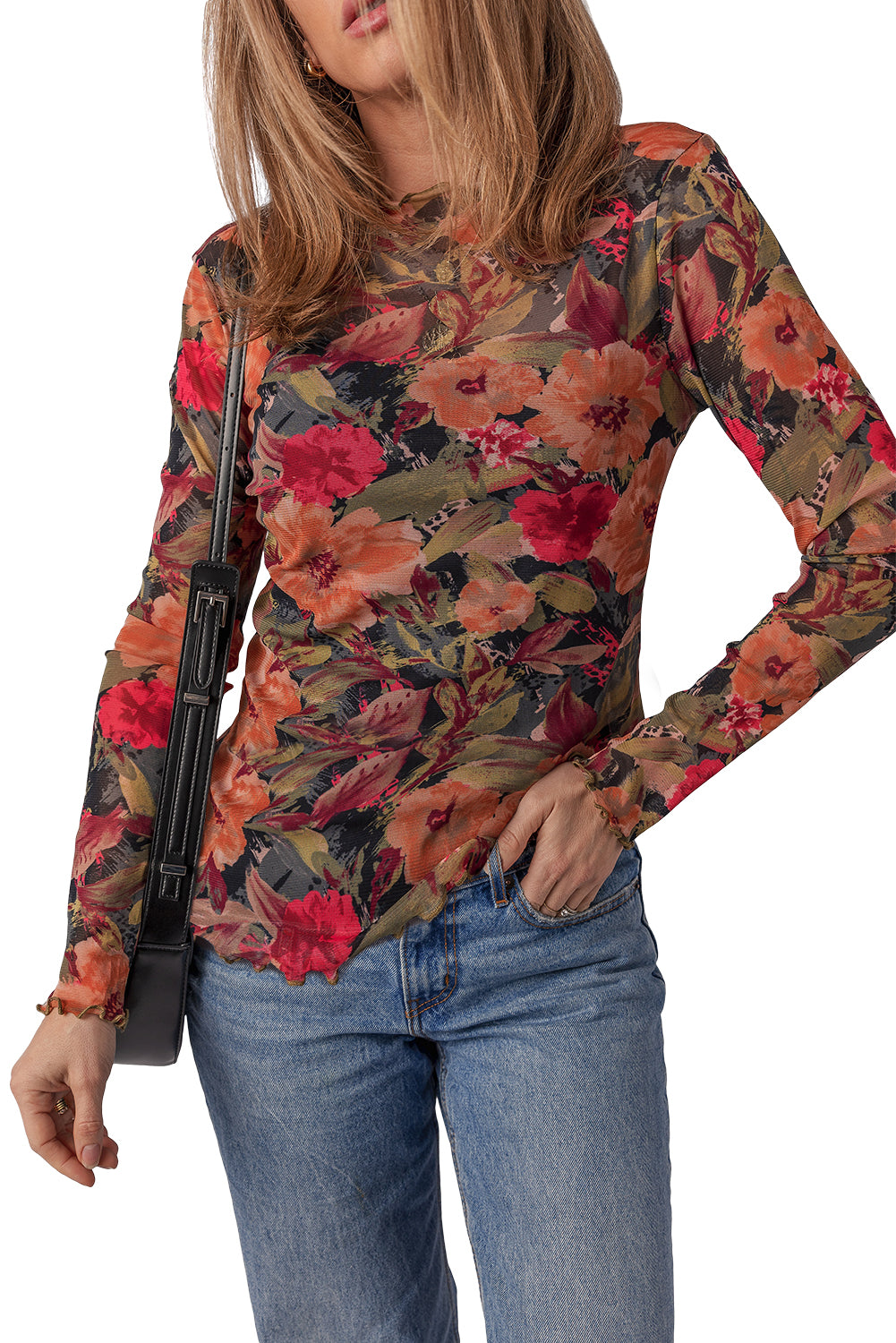 Multicolor Floral Print Lettuce Trim Long Sleeve Mesh Top