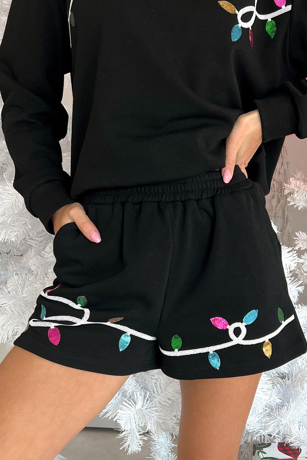 Black Sequin Merry Graphic Pullover and Shorts Set