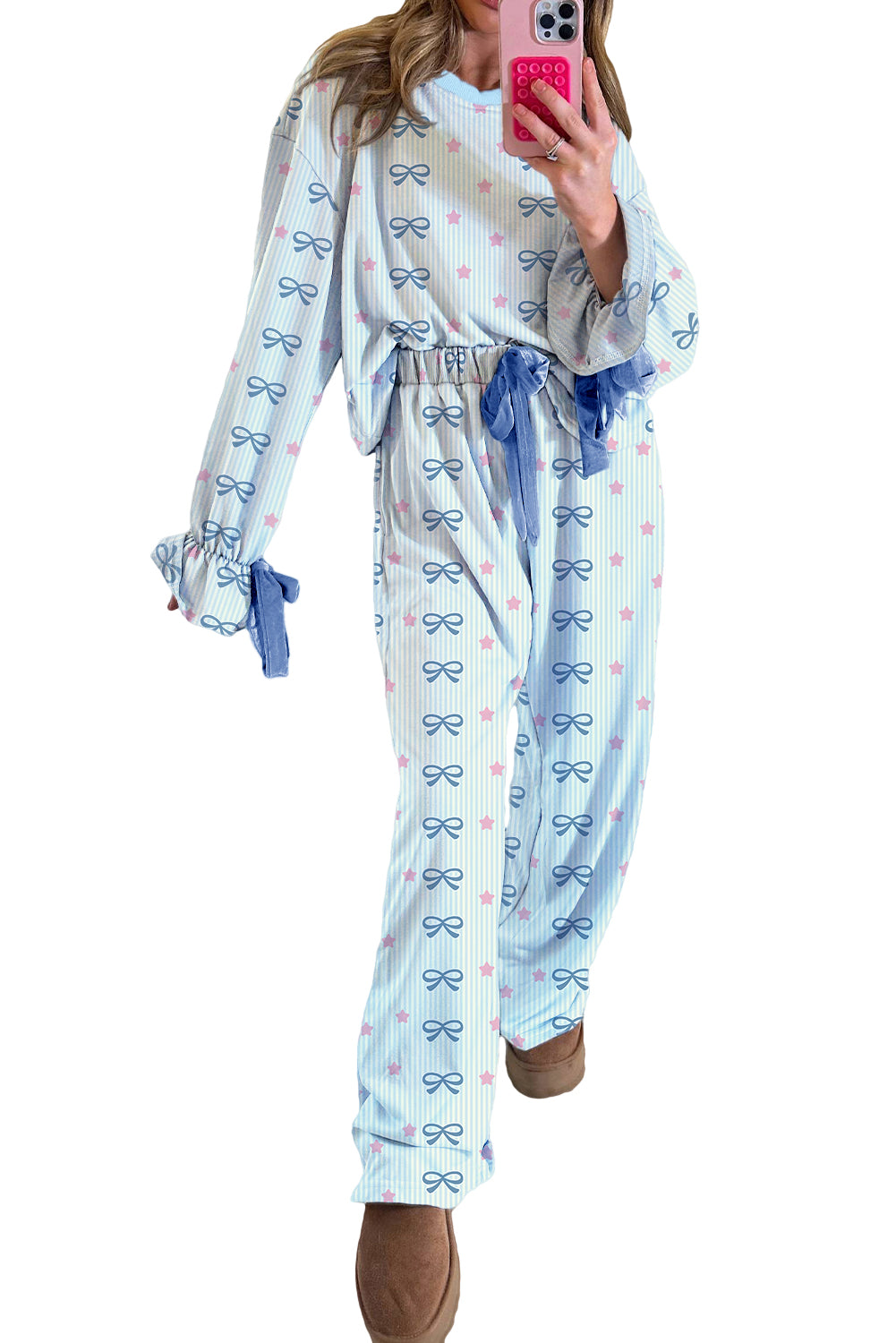 Sky Blue Stripe Bow Star Print Tied Detail Two Piece Lounge Set