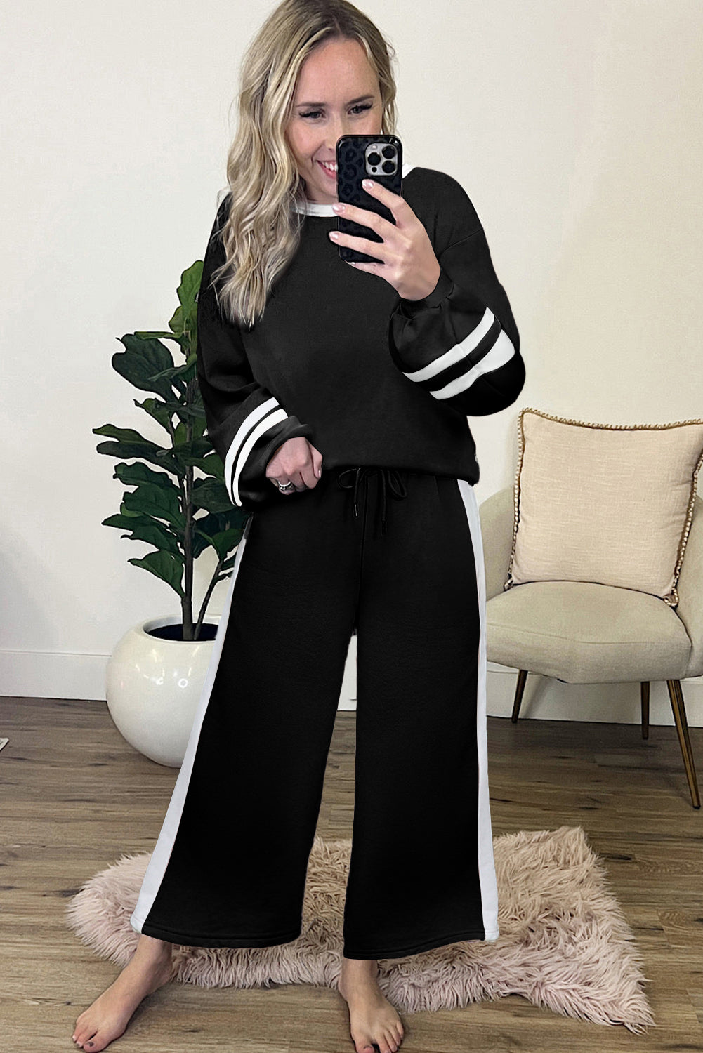 Black Contrast Trim Long Sleeve Lounge Set