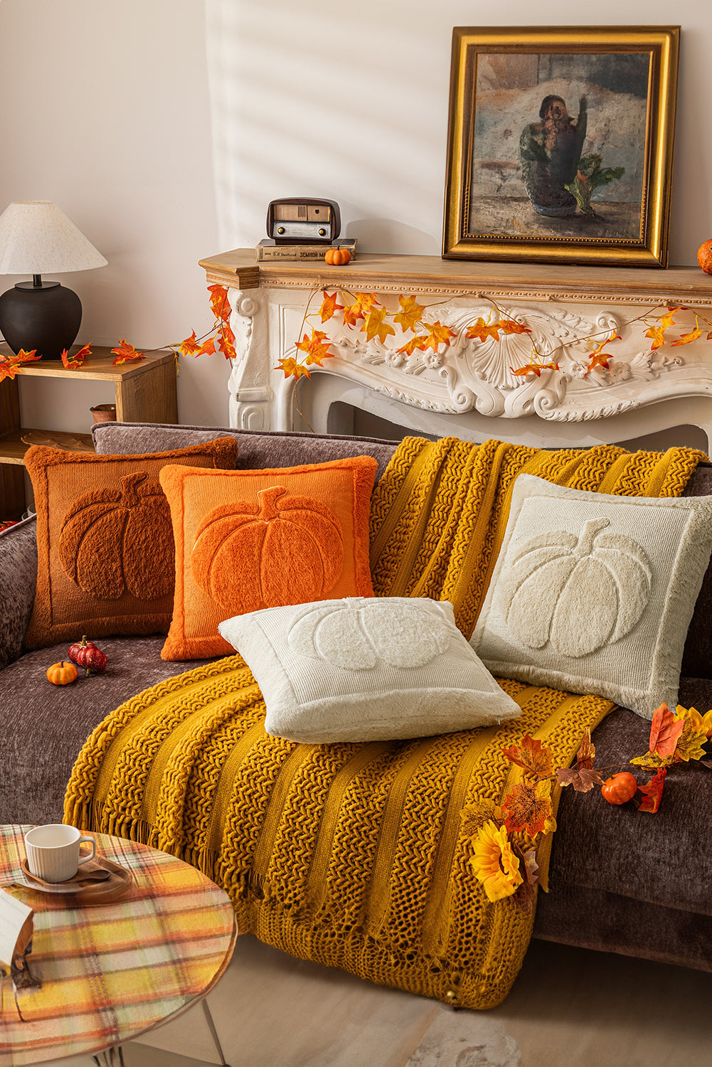 Orange Plush Textured Pumpkin Throw Pillowcase
