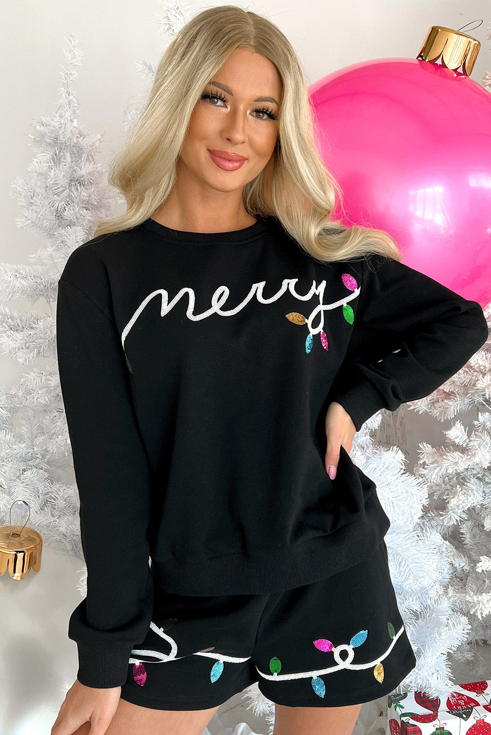 Black Sequin Merry Graphic Pullover and Shorts Set