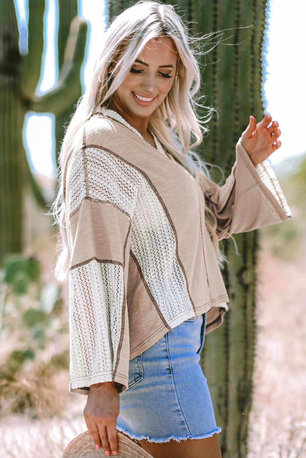 Crochet Detail Exposed Seam High Low Loose Top