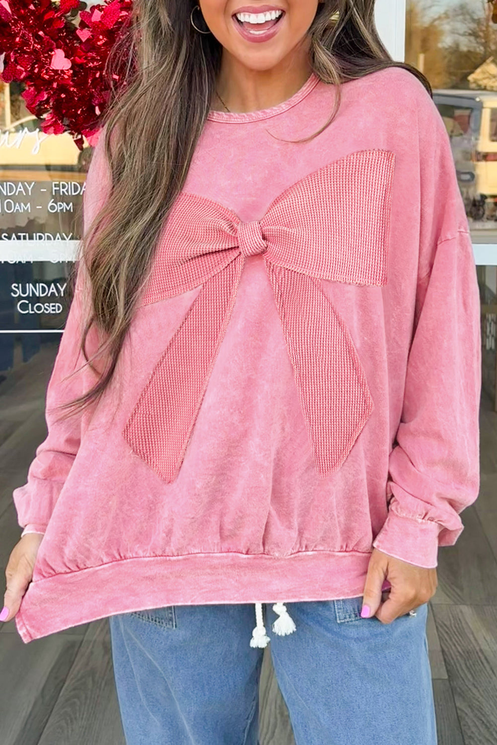 Waffle Knit Mineral Wash Pullover with Bow Detail