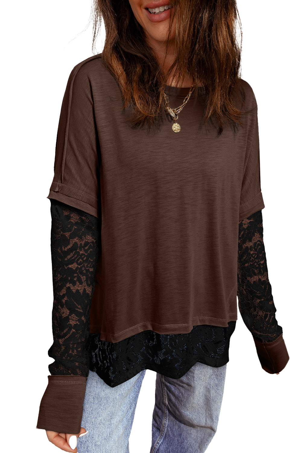 Dark Brown Sheer Lace Patchwork Casual Long Sleeve Tee