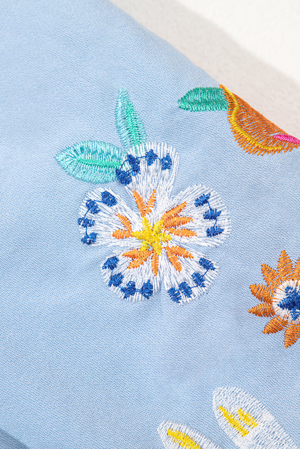 Floral Embroidered Puff Sleeve Split-Neck Blouse