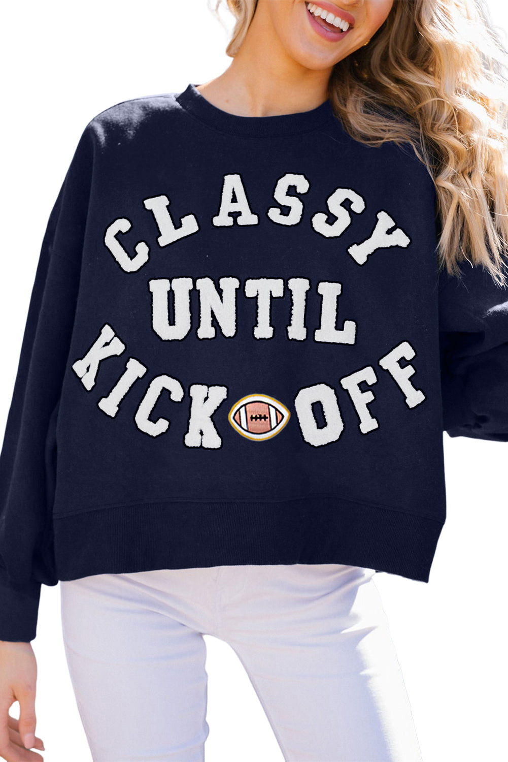 Navy Blue Classy Until Kickoff Letter Graphic Loose Sweatshirt