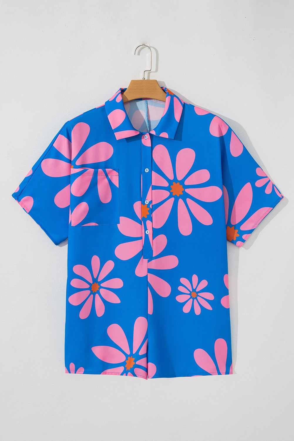 Boho Blue Floral Shirt Collar Romper
