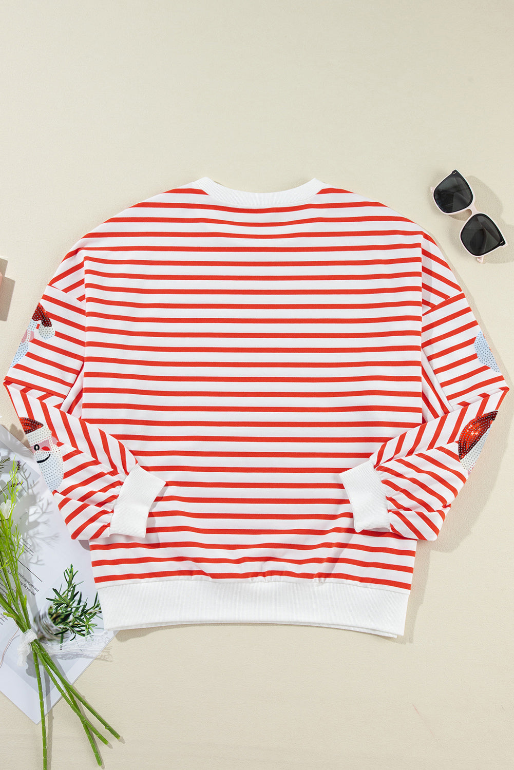 Striped Sequin Santa Claus Patch Application Loose Fitting Sweatshirt