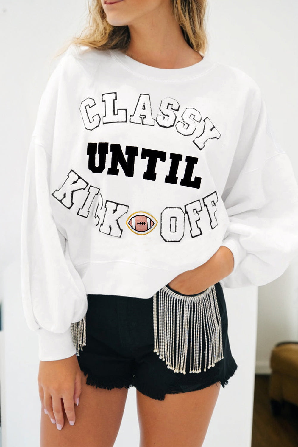 White Classy Until Kickoff Football Plush Letter Patched Loose Sweatshirt