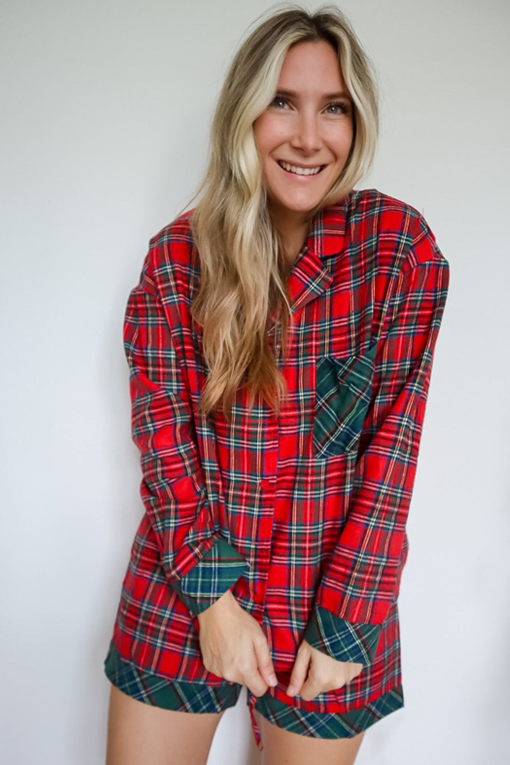 Red Plaid Christmas Holiday Long Sleeve Shirt and Shorts Pajama Set