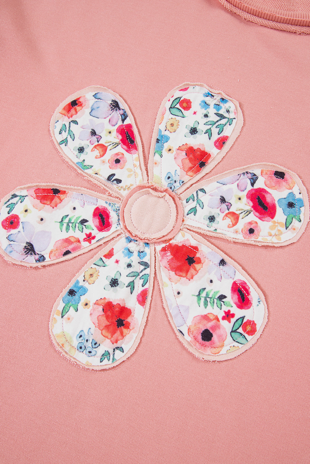 Peach Flower Applique Patchwork Drop Sleeve Pullover Sweatshirt