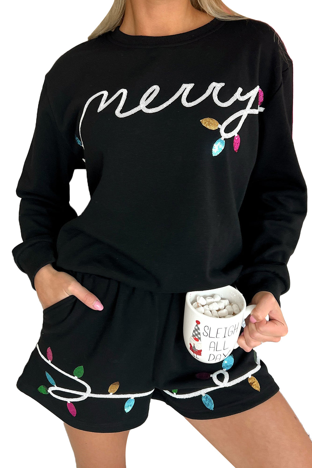 Black Sequin Merry Graphic Pullover and Shorts Set
