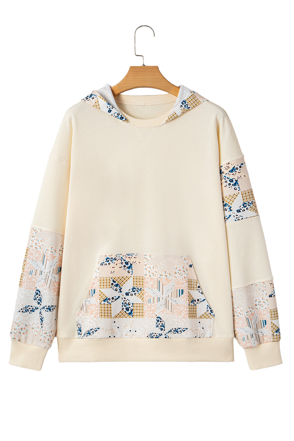 Beige Geo Pattern Patchwork Hoodie with Kangaroo Pocket