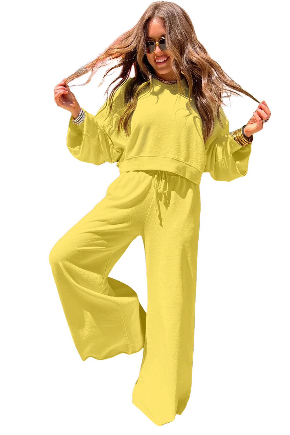 Vibrant Drop Shoulder Pullover & Wide Leg Pants Set