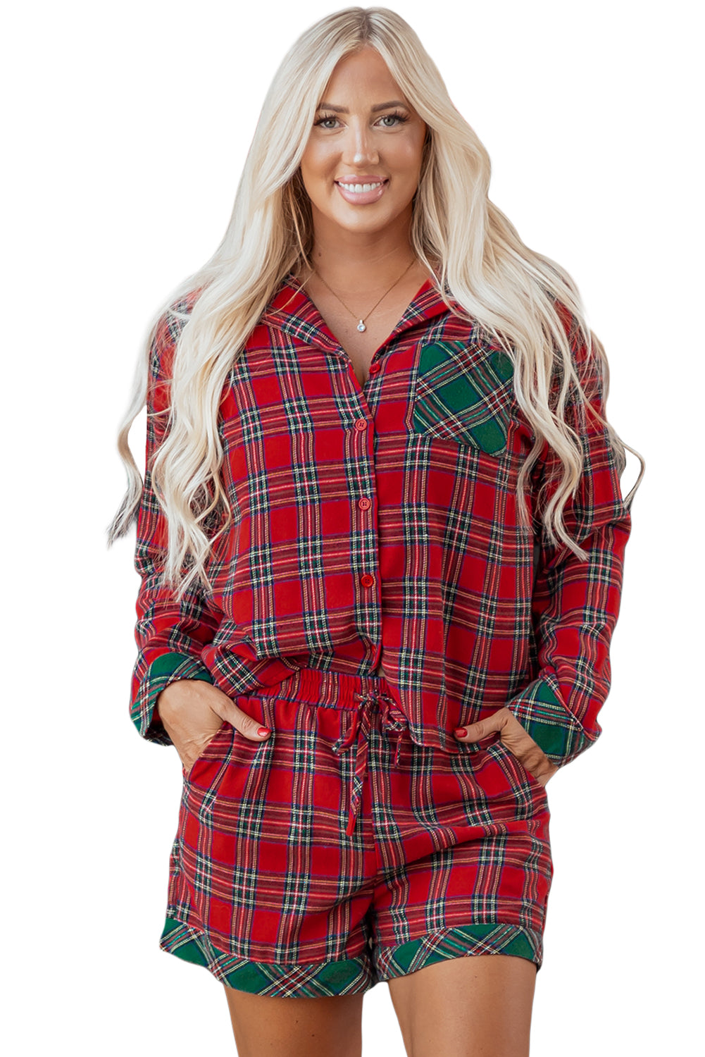 Red Plaid Contrast Patched Christmas Holiday Long Sleeve Shirt and Short Two Piece Pajama Set