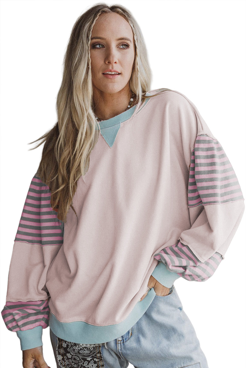 Colorblock Patchwork Striped Sleeve Sweatshirt