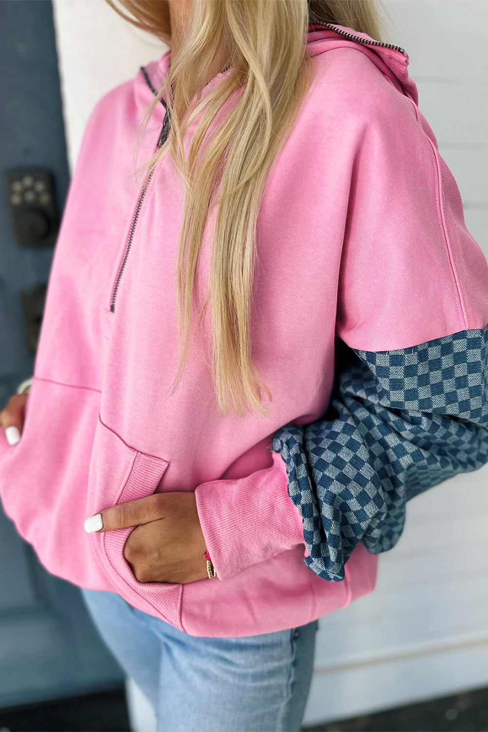 Pink & Checkered Patchwork Pocket Half Zipper Hoodie