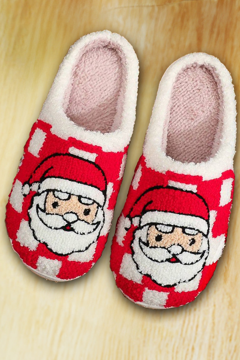 Red Checkered Santa Claus Graphic Plush Home Slippers