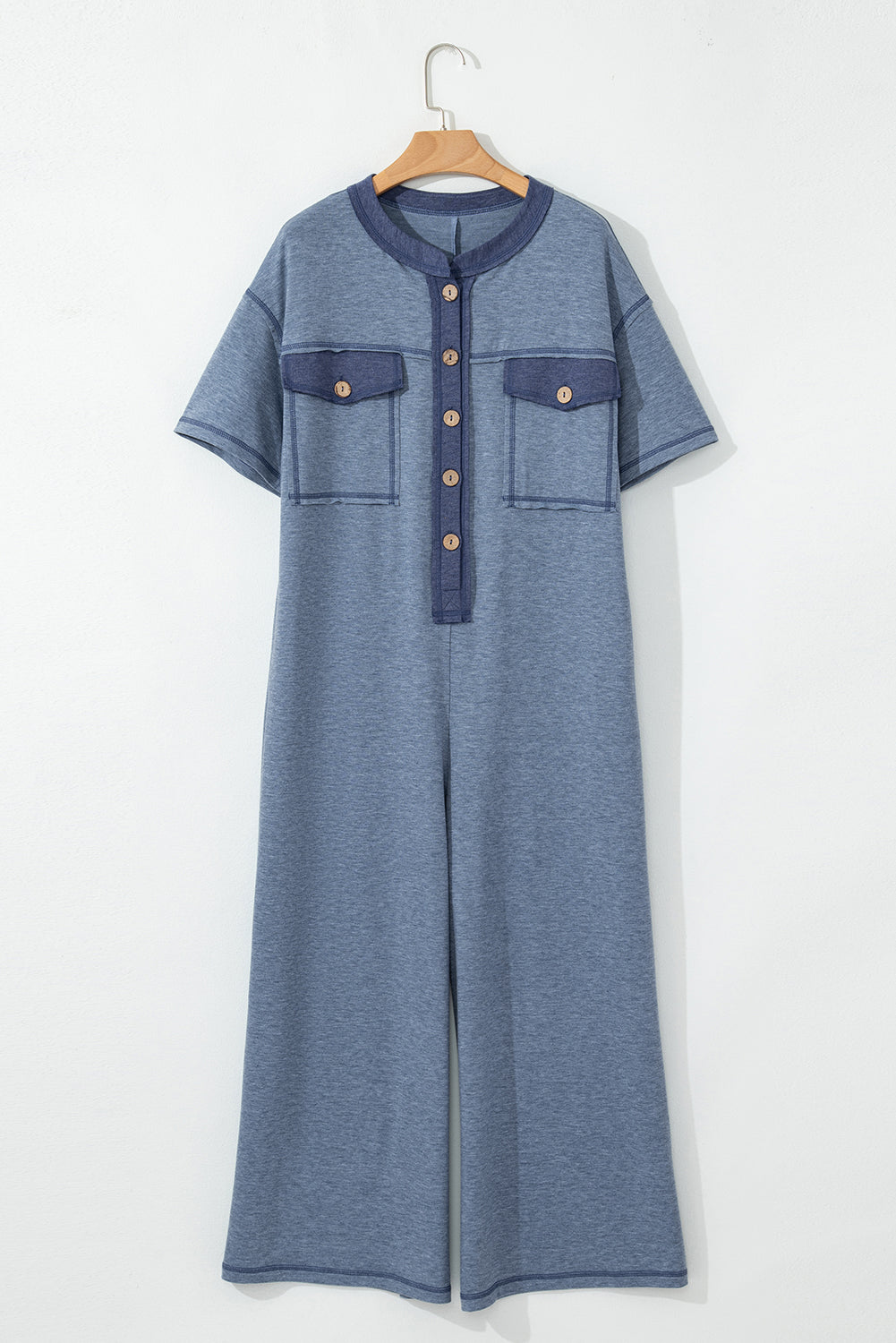 Denim Blue Patchwork Short Sleeve Jumpsuit with Pockets