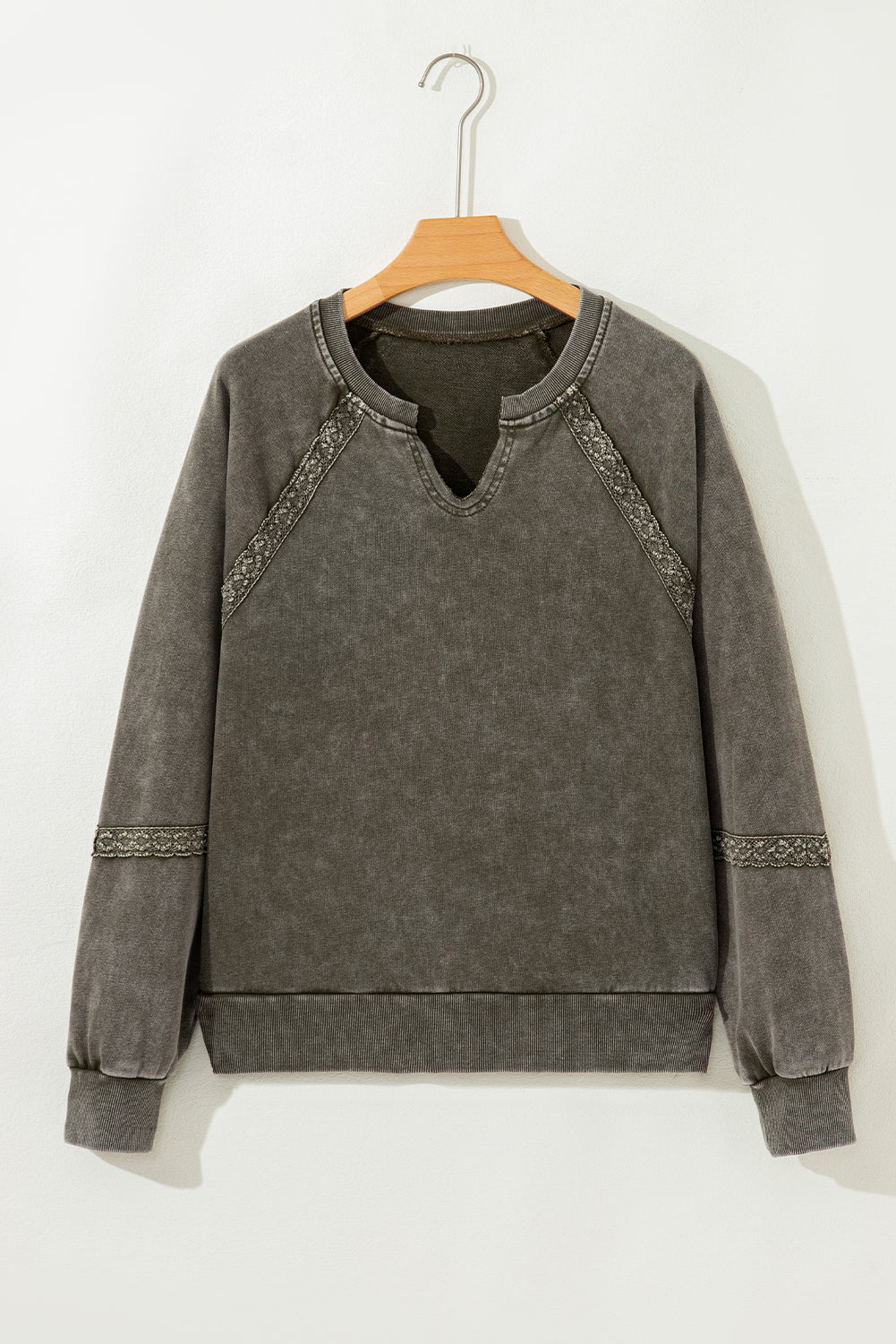 Lace Patchwork Detail Notched Neck Mineral Wash Baggy Sweatshirt