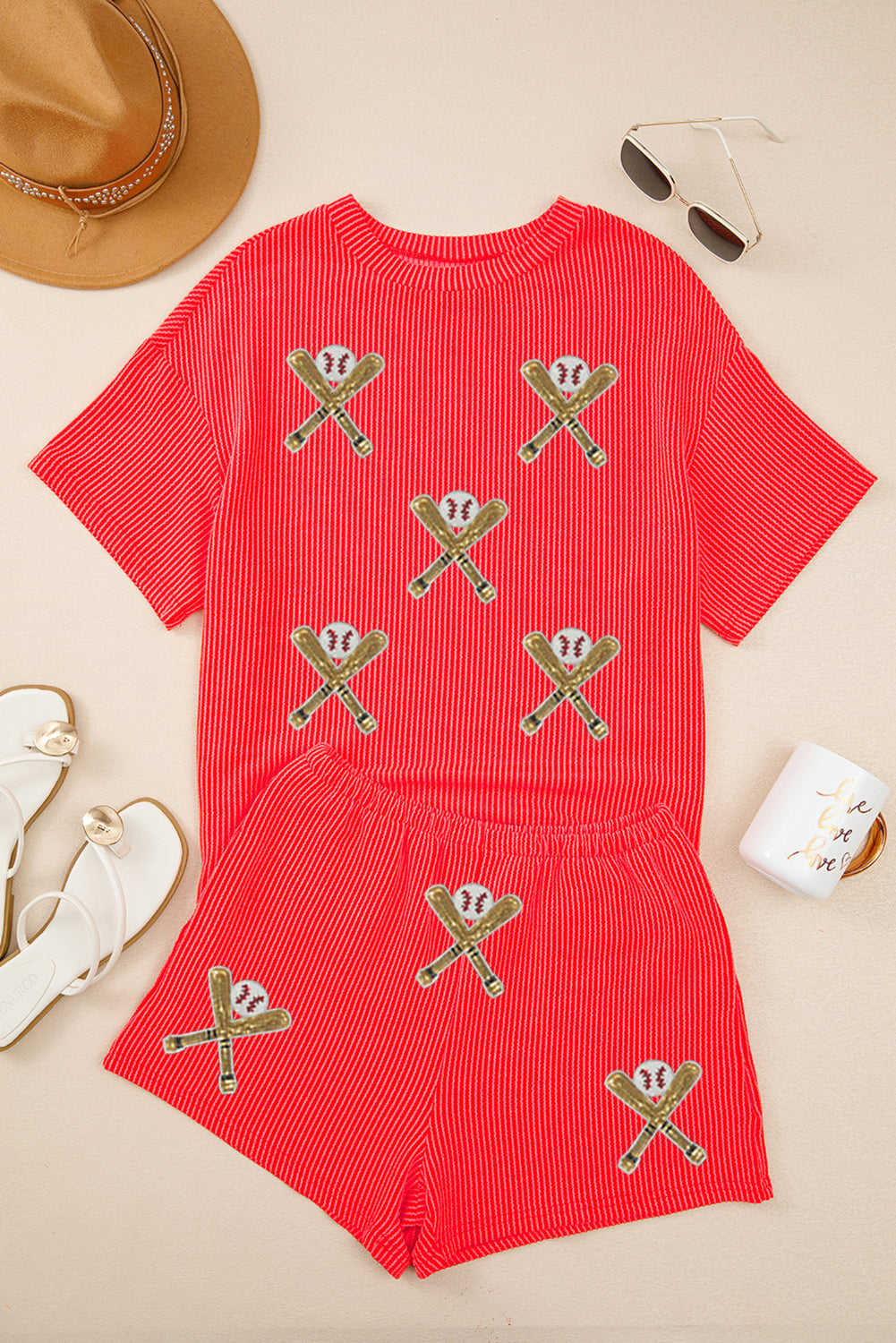 Orange Twisted Ribbed Sequin Baseball Patched 2pcs Short Set